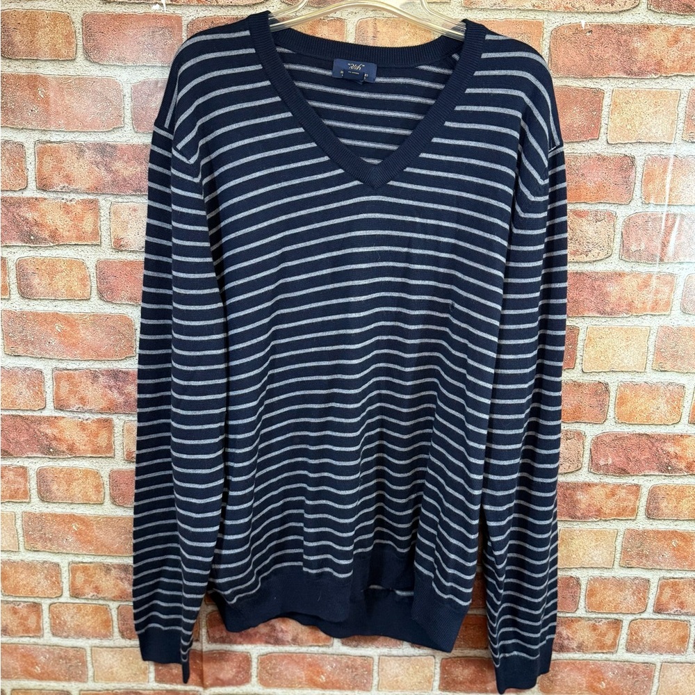 100% extra fine Merino wool Navy&Gray Striped V-Neck Classic old money Sweater